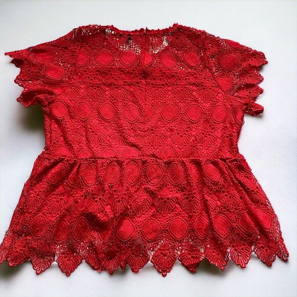 Sold! Lane Bryant Womens Blouse Size 24 Red Scalloped Lace Peplum Shirt Top - Picture 2 of 11